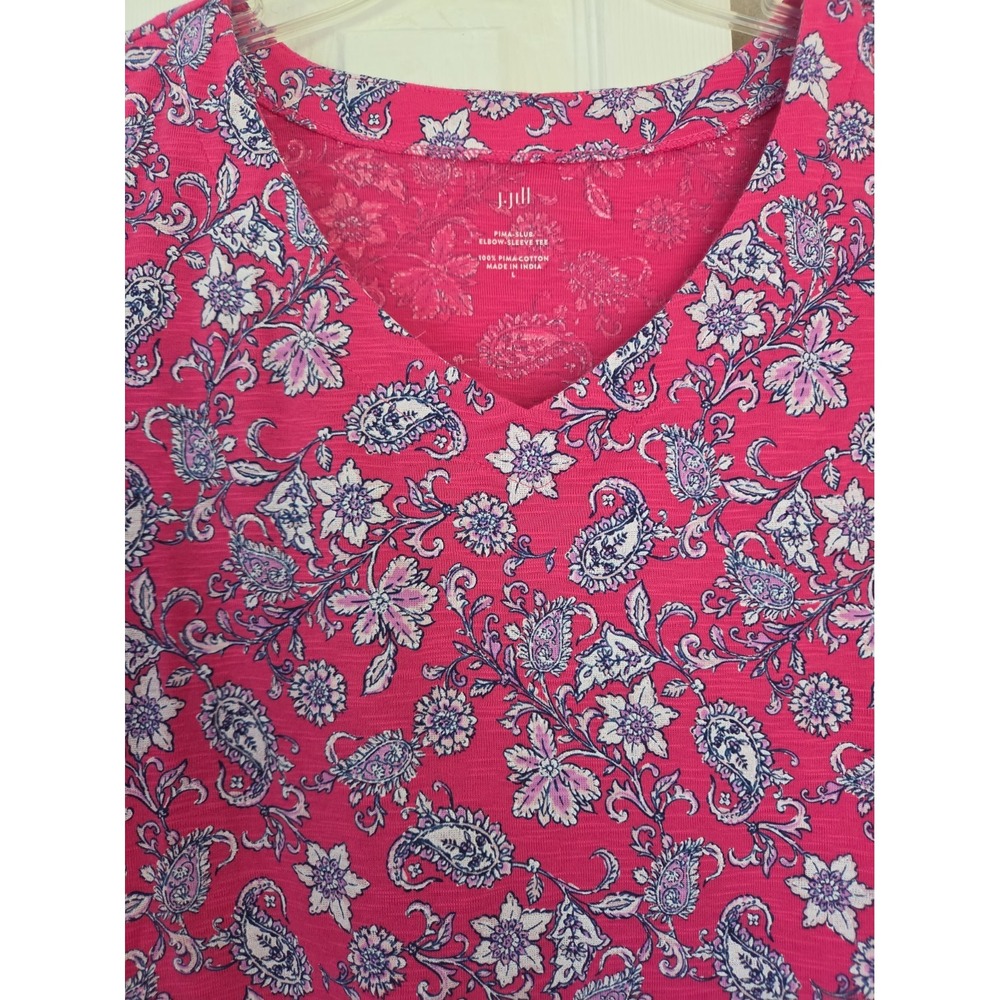 J. Jill Pima Slub Elbow Sleeve Floral Paisley Pink V Neck Tee Large - Picture 3 of 6